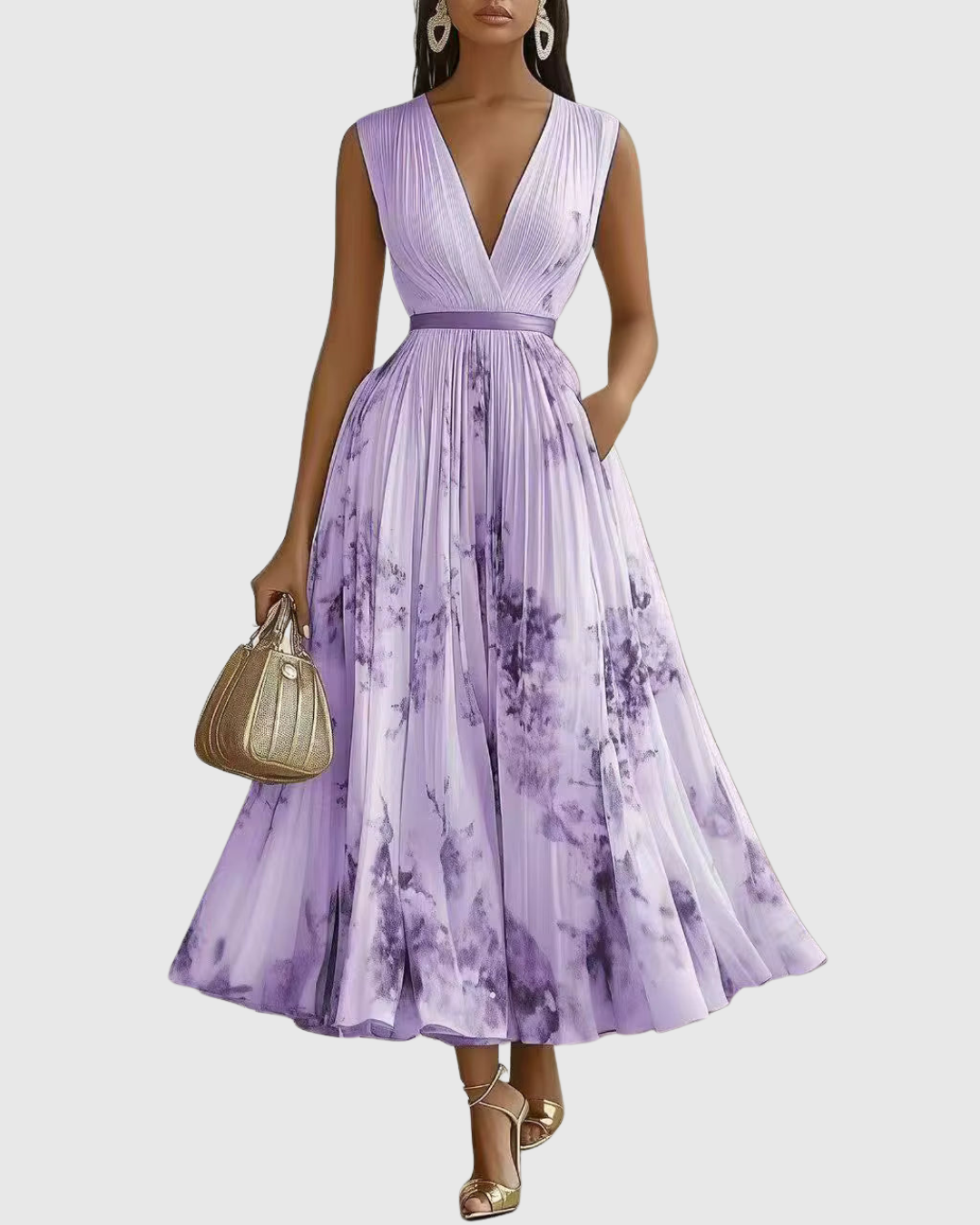 Isadora | Women’s Pleated Midi Dress featuring a Floral Art