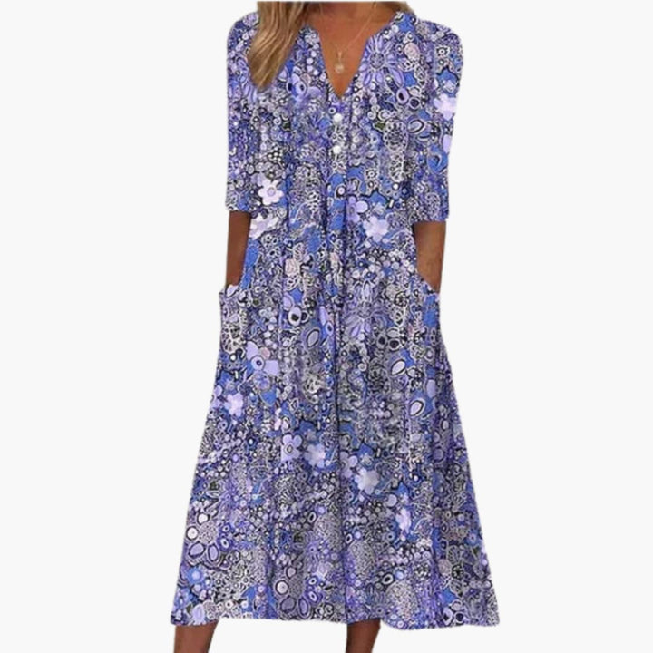 Ambrisse | Women’s Printed Midi Dress featuring Side Pockets