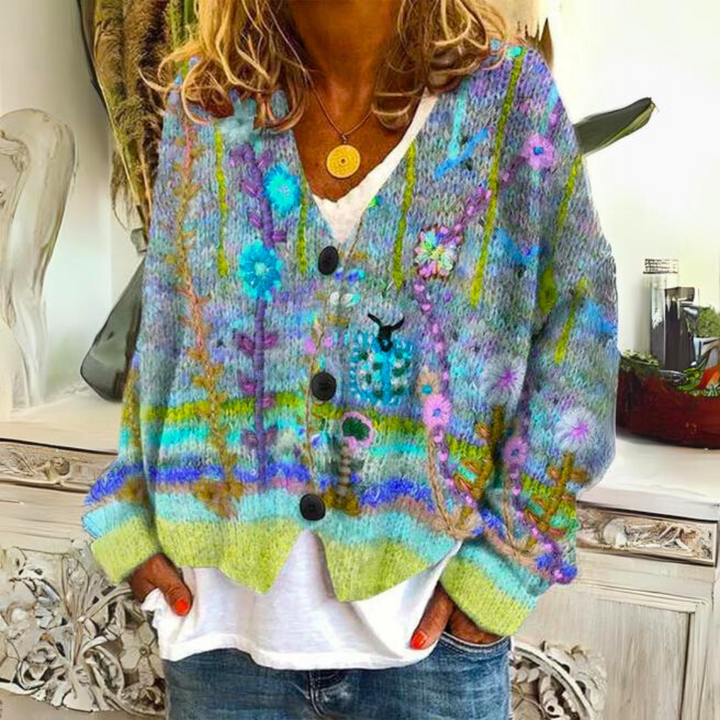 Selvine | Women’s Button Cardigan featuring Colourful Floral Highlight