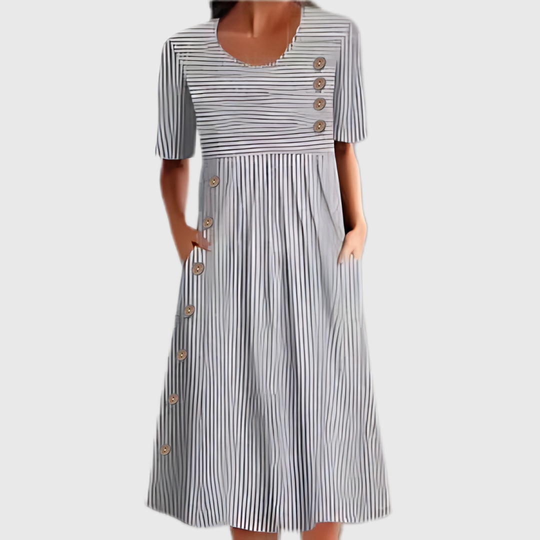 Mabel | Women’s Striped Midi Dress with Side Button Design highlight