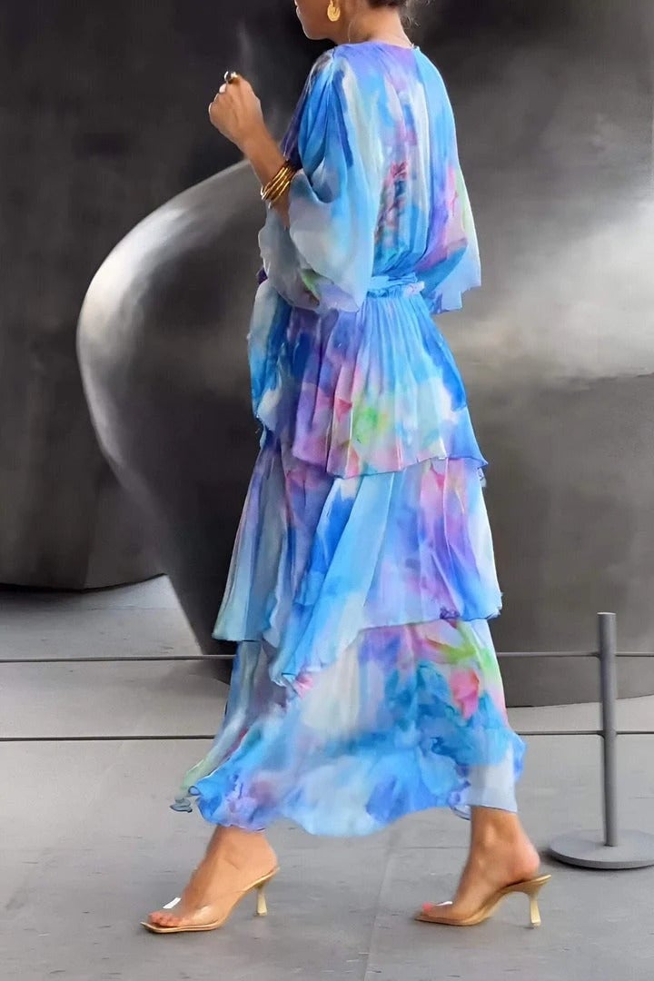 Celestara | Women’s Watercolour Midi Dress in a Tiered Wrap Style