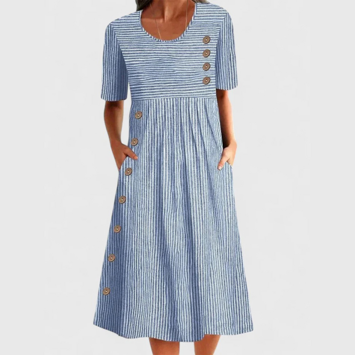 Mabel | Women’s Striped Midi Dress with Side Button Design highlight