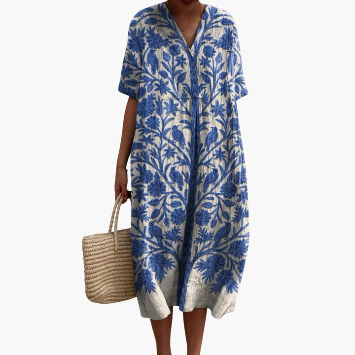 Orinthia | Women’s Blue Midi Dress in a Relaxed Botanical Design