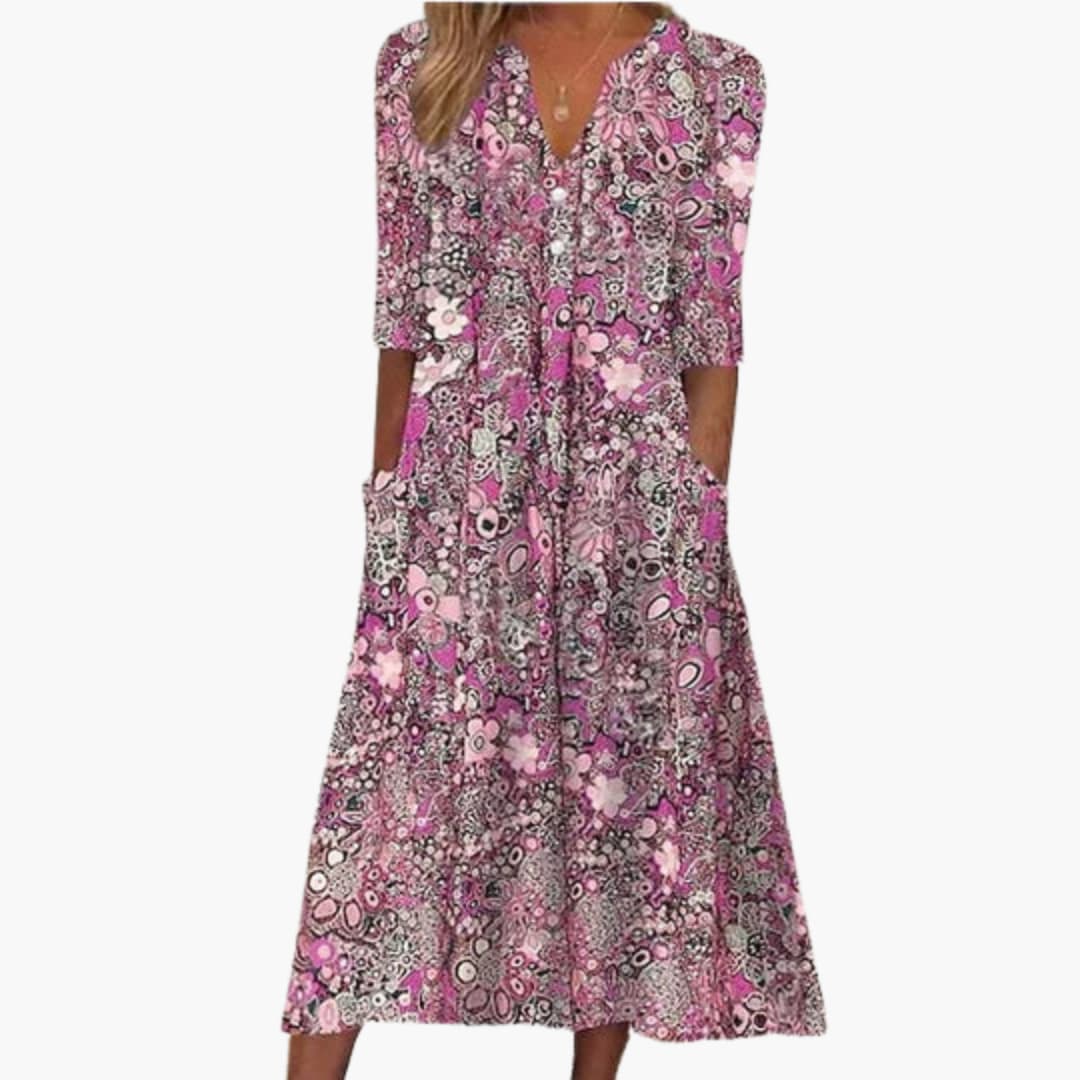 Ambrisse | Women’s Printed Midi Dress featuring Side Pockets