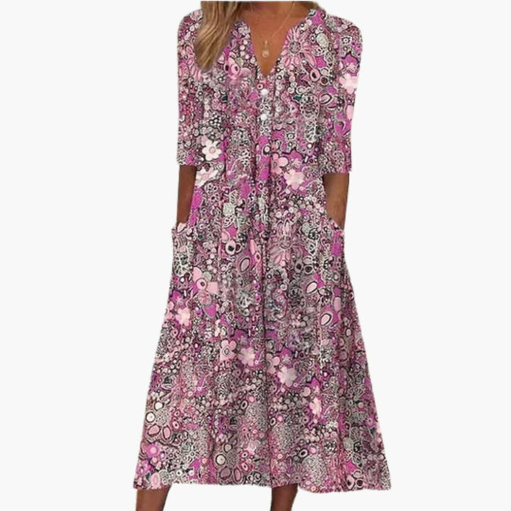 Ambrisse | Women’s Printed Midi Dress featuring Side Pockets