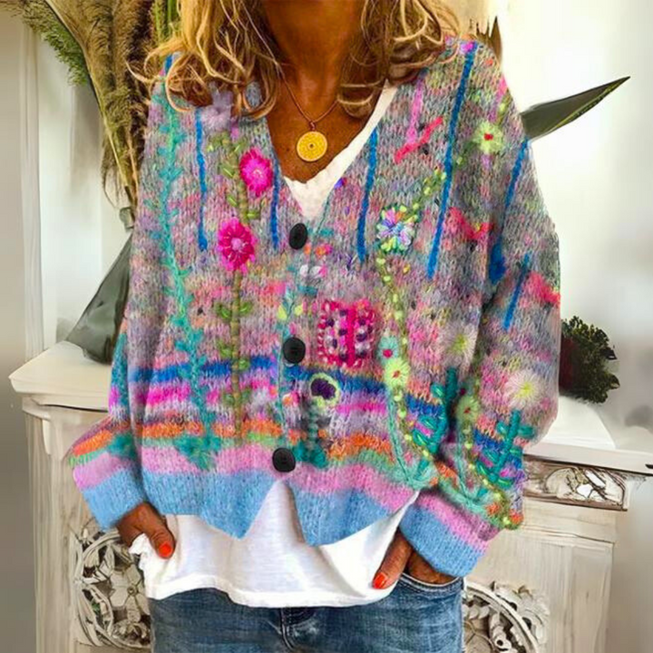 Selvine | Women’s Button Cardigan featuring Colourful Floral Highlight