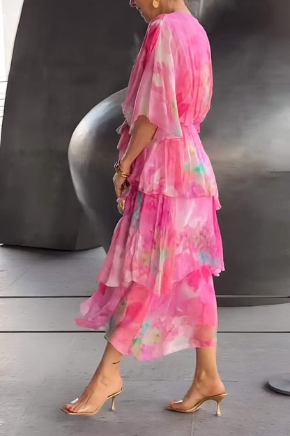 Celestara | Women’s Watercolour Midi Dress in a Tiered Wrap Style