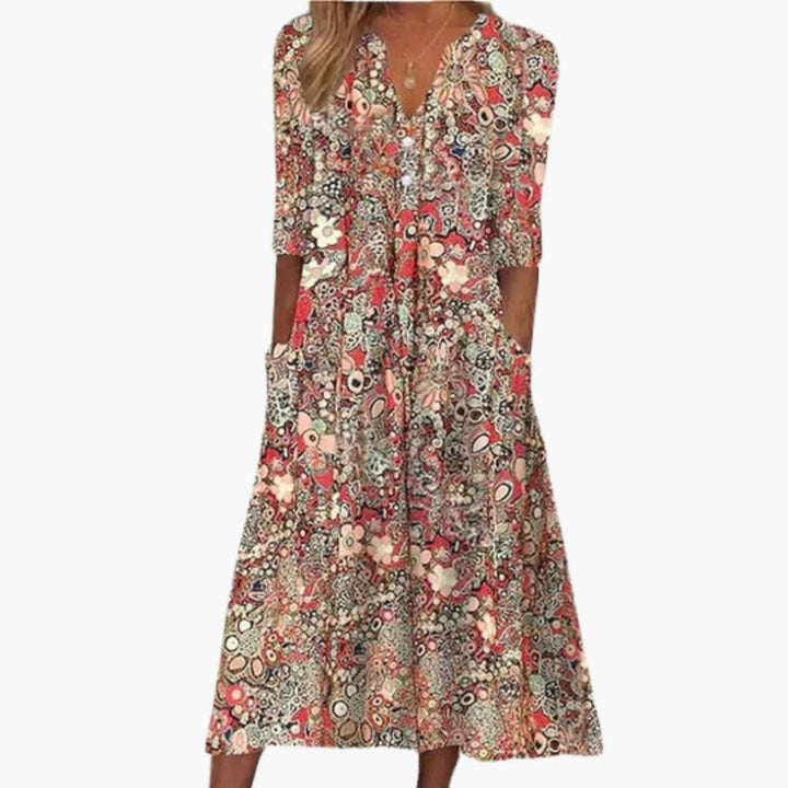 Ambrisse | Women’s Printed Midi Dress featuring Side Pockets