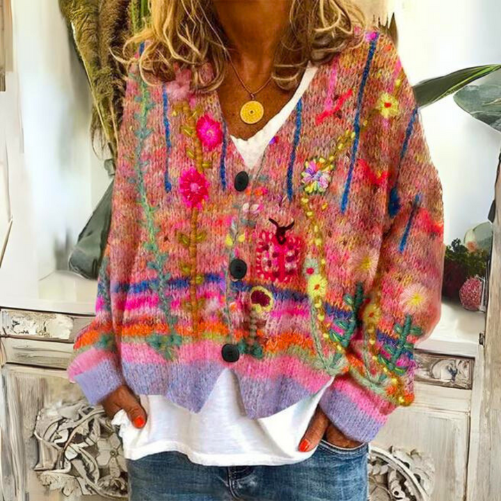 Selvine | Women’s Button Cardigan featuring Colourful Floral Highlight