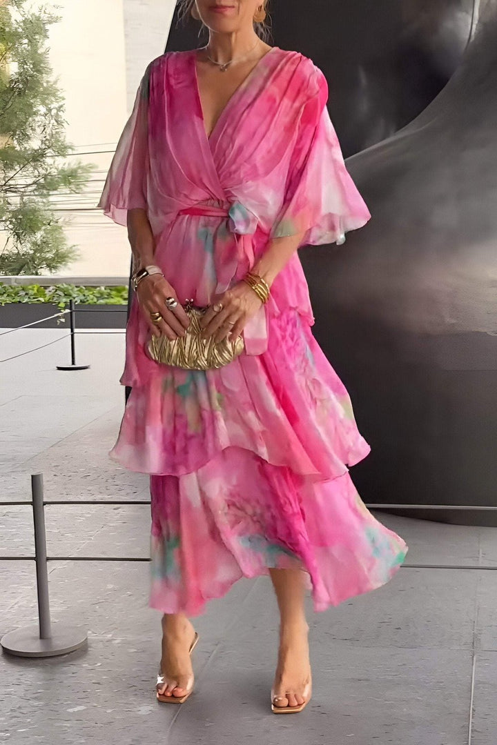 Celestara | Women’s Watercolour Midi Dress in a Tiered Wrap Style