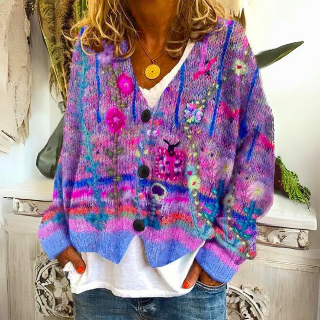 Selvine | Women’s Button Cardigan featuring Colourful Floral Highlight