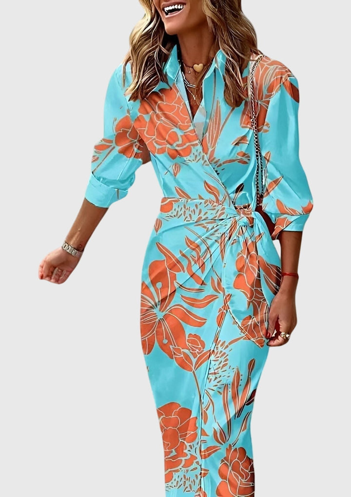 Elisendra | Women’s Printed Wrap Midi Dress featuring a Waist Tie