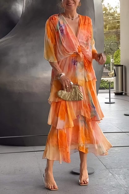 Celestara | Women’s Watercolour Midi Dress in a Tiered Wrap Style