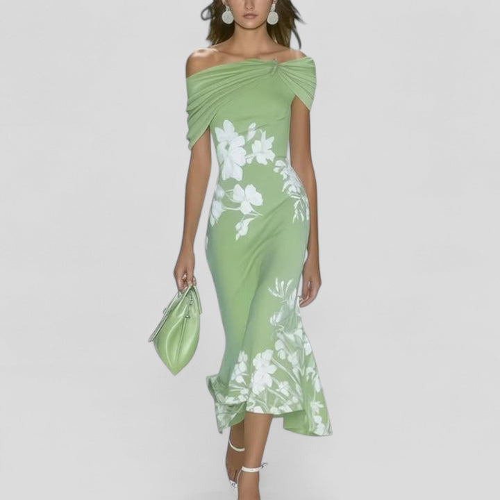 Amelia | Women’s Floral Midi Dress with an Off-Shoulder Neckline