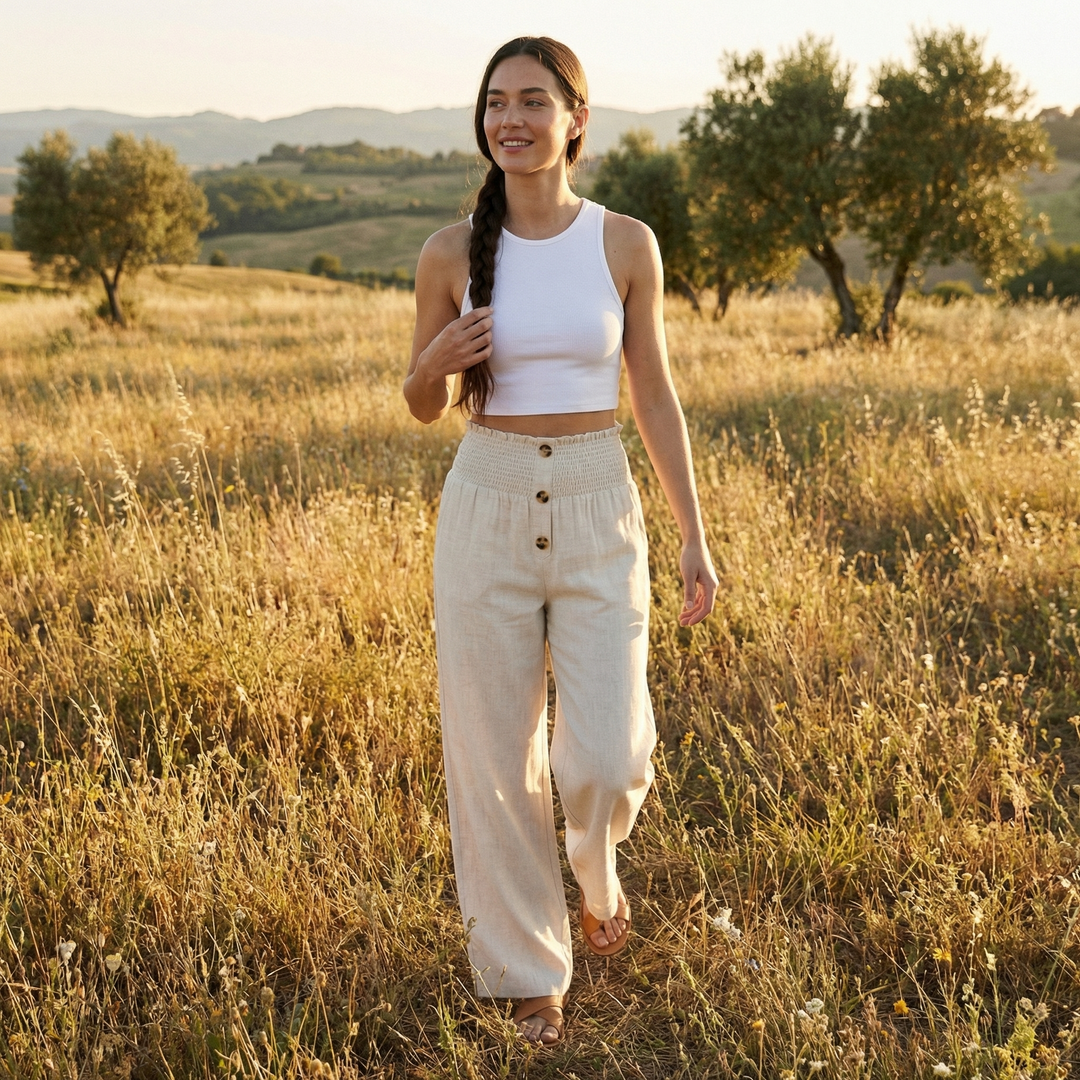 Lunara | Women’s Flowy Trousers with Button Waist Feature