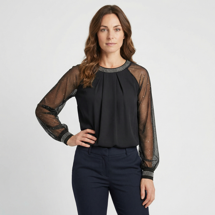 Noirelle | Women’s Long Sleeve Top with Embellished Neckline