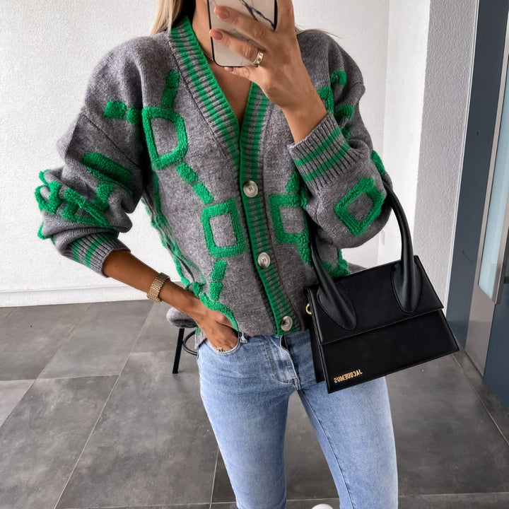 V-Neck Casual Colour Contrast Knit Cardigan