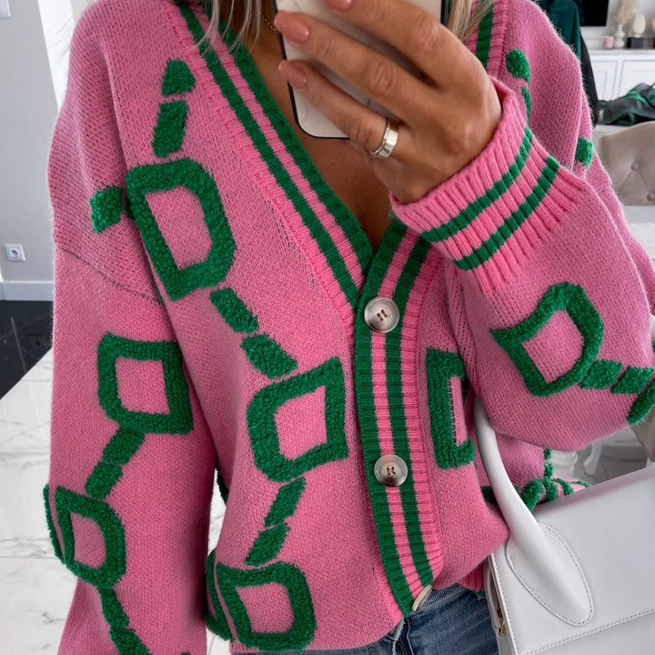 V-Neck Casual Colour Contrast Knit Cardigan