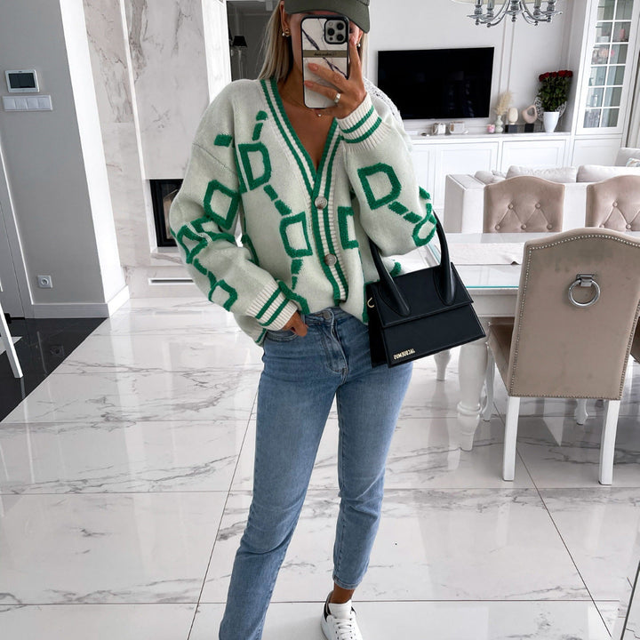 V-Neck Casual Colour Contrast Knit Cardigan