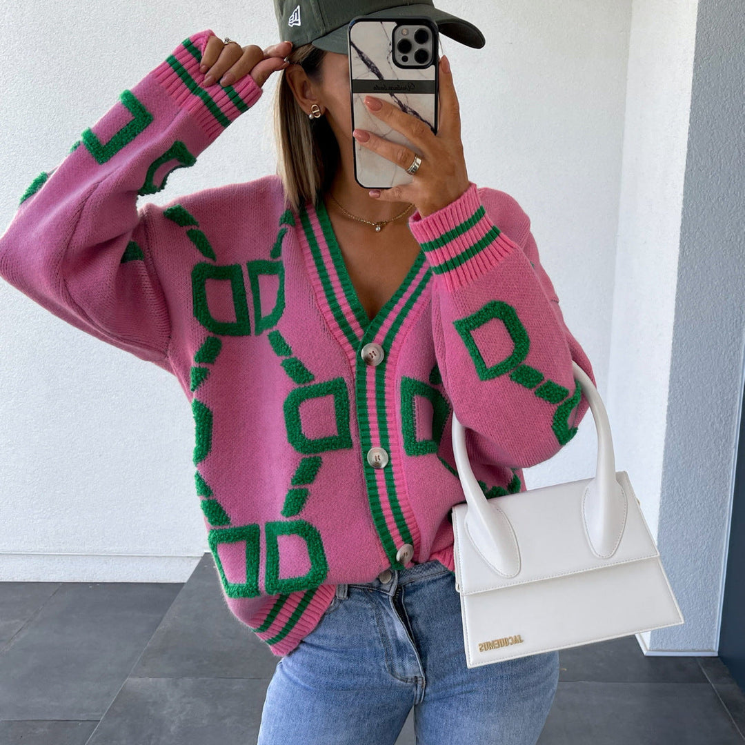 V-Neck Casual Colour Contrast Knit Cardigan