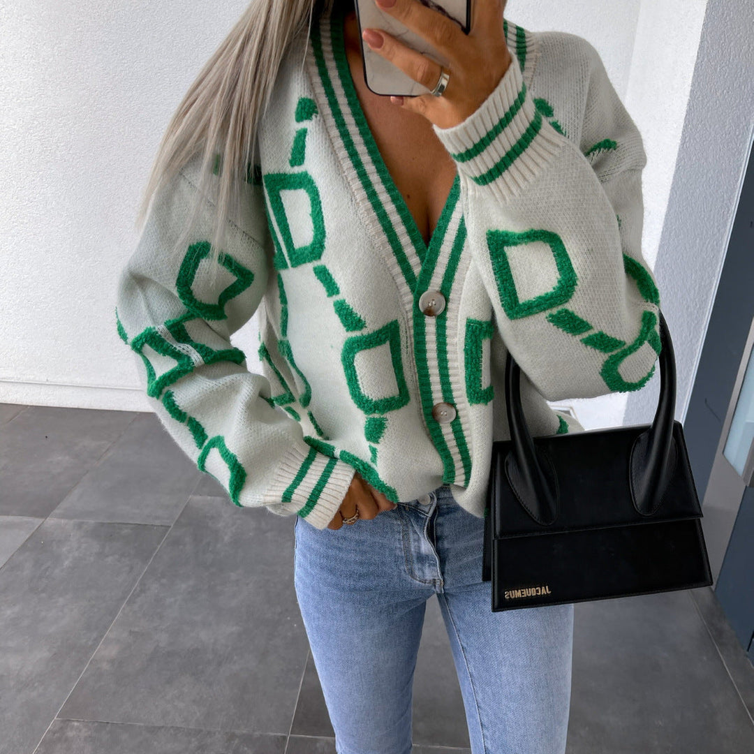 V-Neck Casual Colour Contrast Knit Cardigan