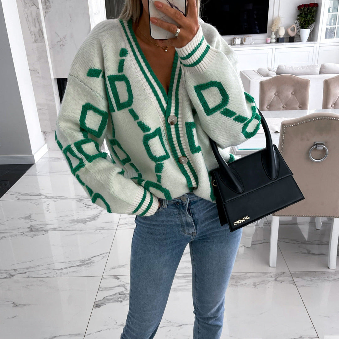 V-Neck Casual Colour Contrast Knit Cardigan