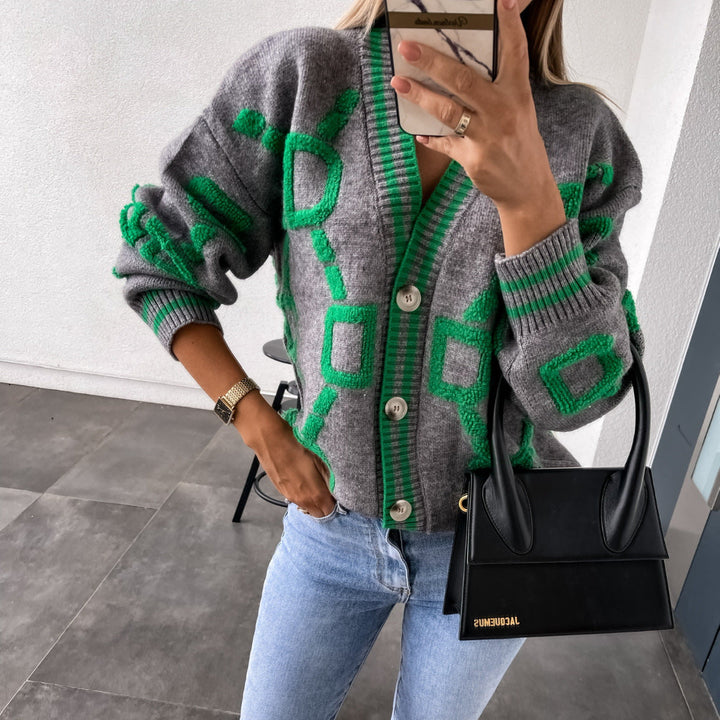 V-Neck Casual Colour Contrast Knit Cardigan