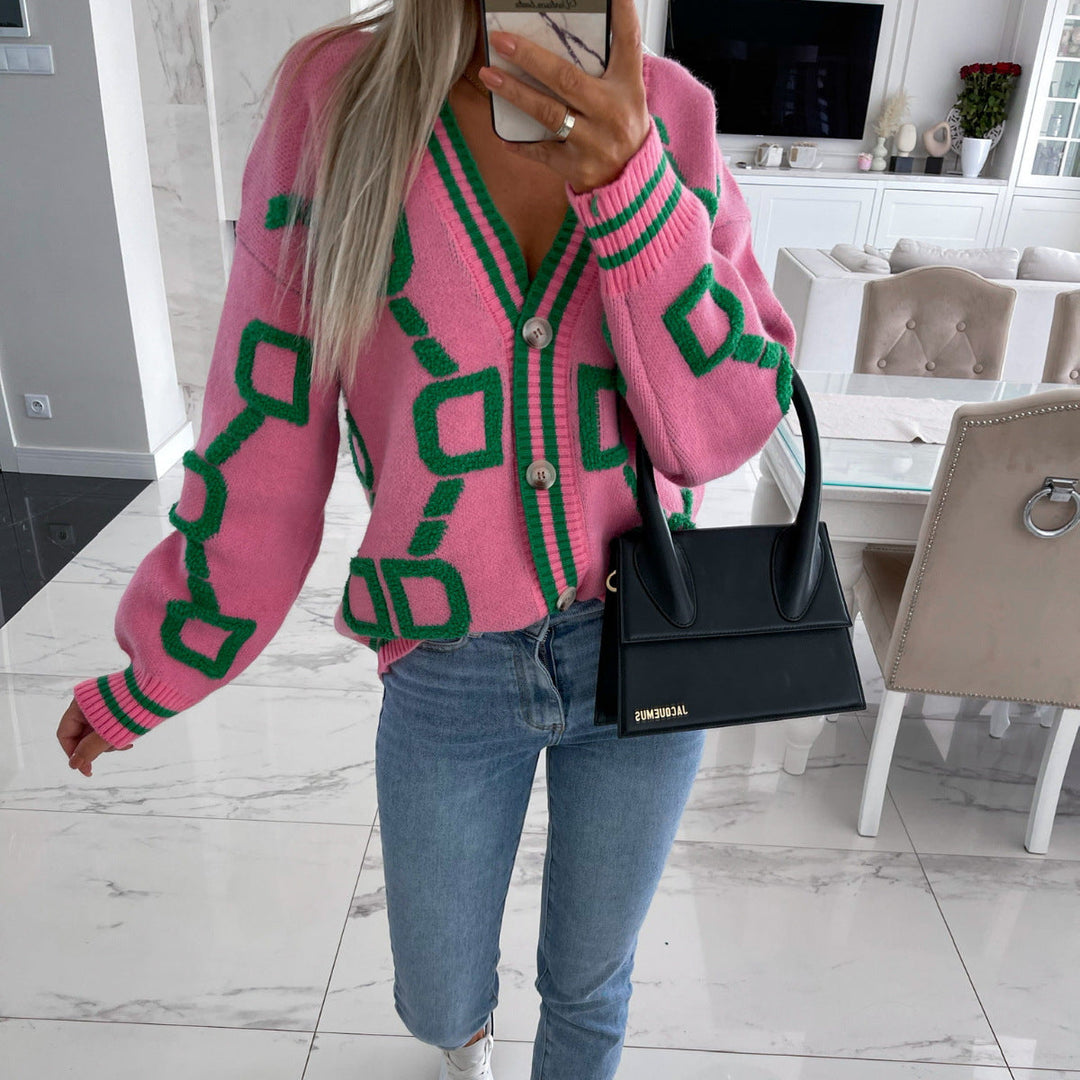 V-Neck Casual Colour Contrast Knit Cardigan
