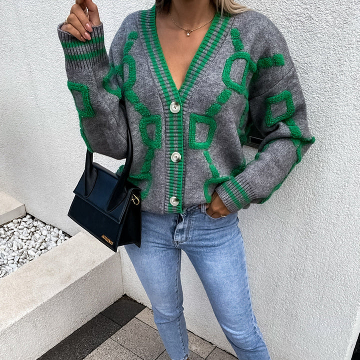 V-Neck Casual Colour Contrast Knit Cardigan