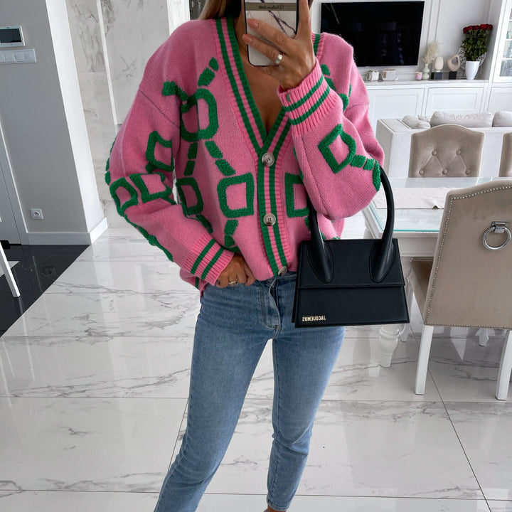 V-Neck Casual Colour Contrast Knit Cardigan
