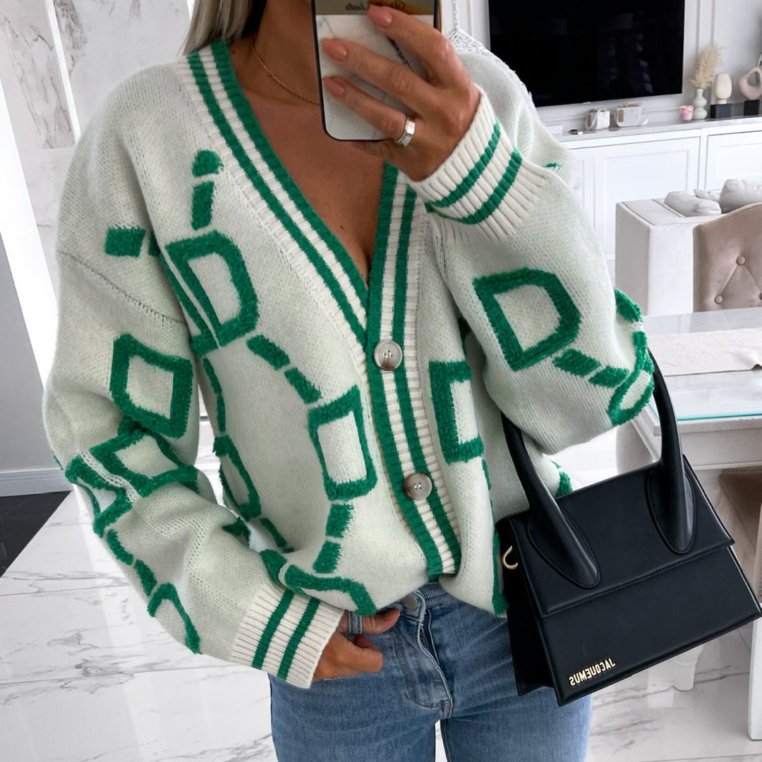 V-Neck Casual Colour Contrast Knit Cardigan