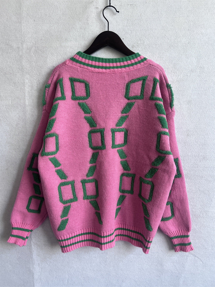 V-Neck Casual Colour Contrast Knit Cardigan
