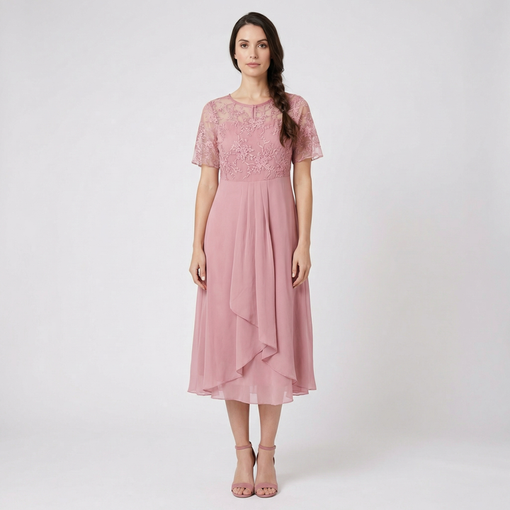 Roselyn | Women’s Midi Dress with Elegant Overlay Detail