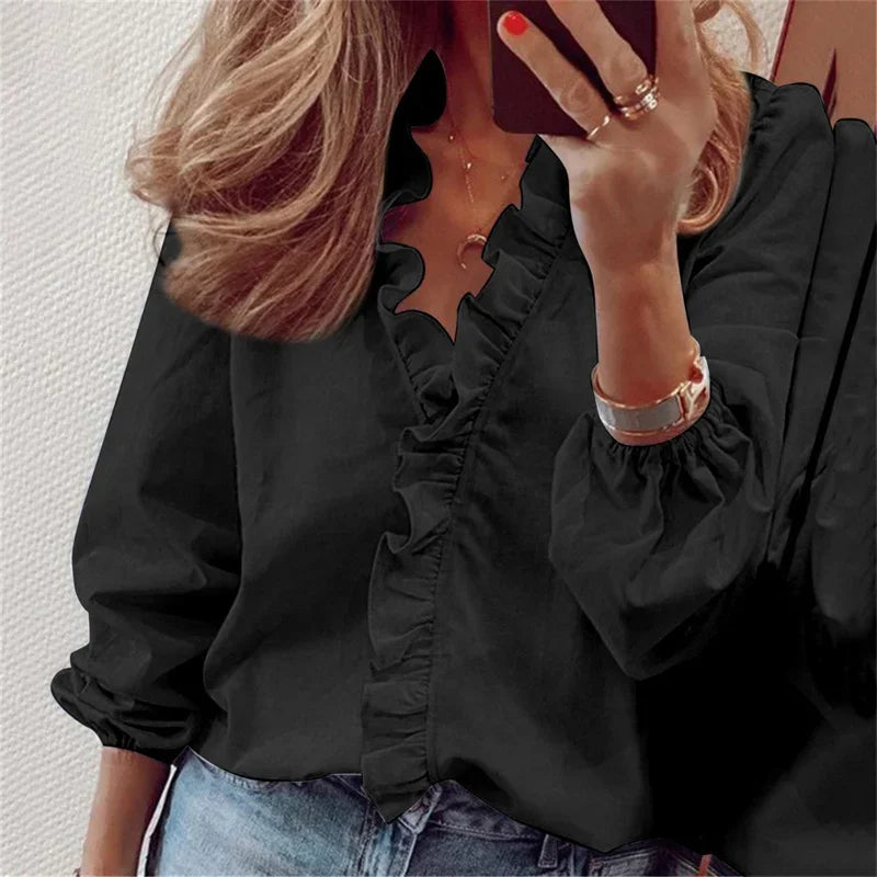 Celeste | Women’s Ruffle Blouse featuring Puff Sleeves