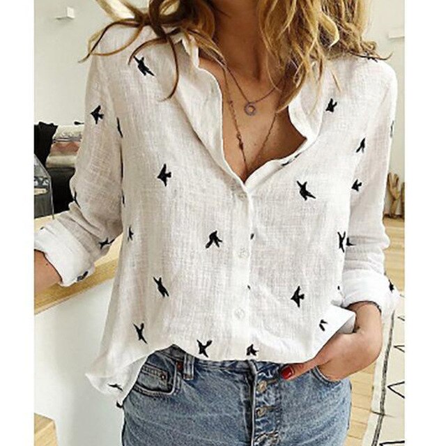 Amelora | Women’s Button Shirt featuring a Small Bird Graphic