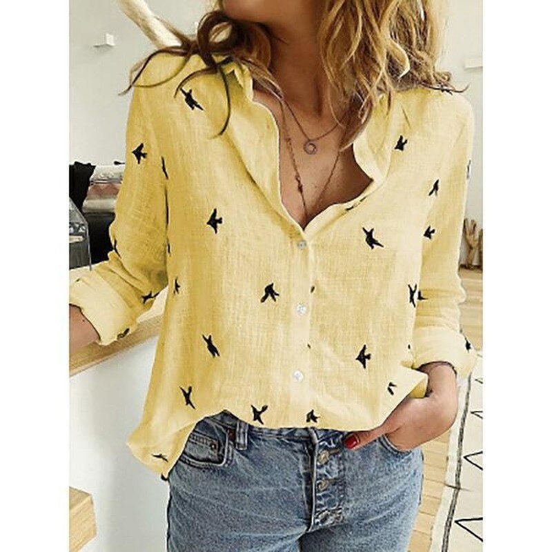 Amelora | Women’s Button Shirt featuring a Small Bird Graphic