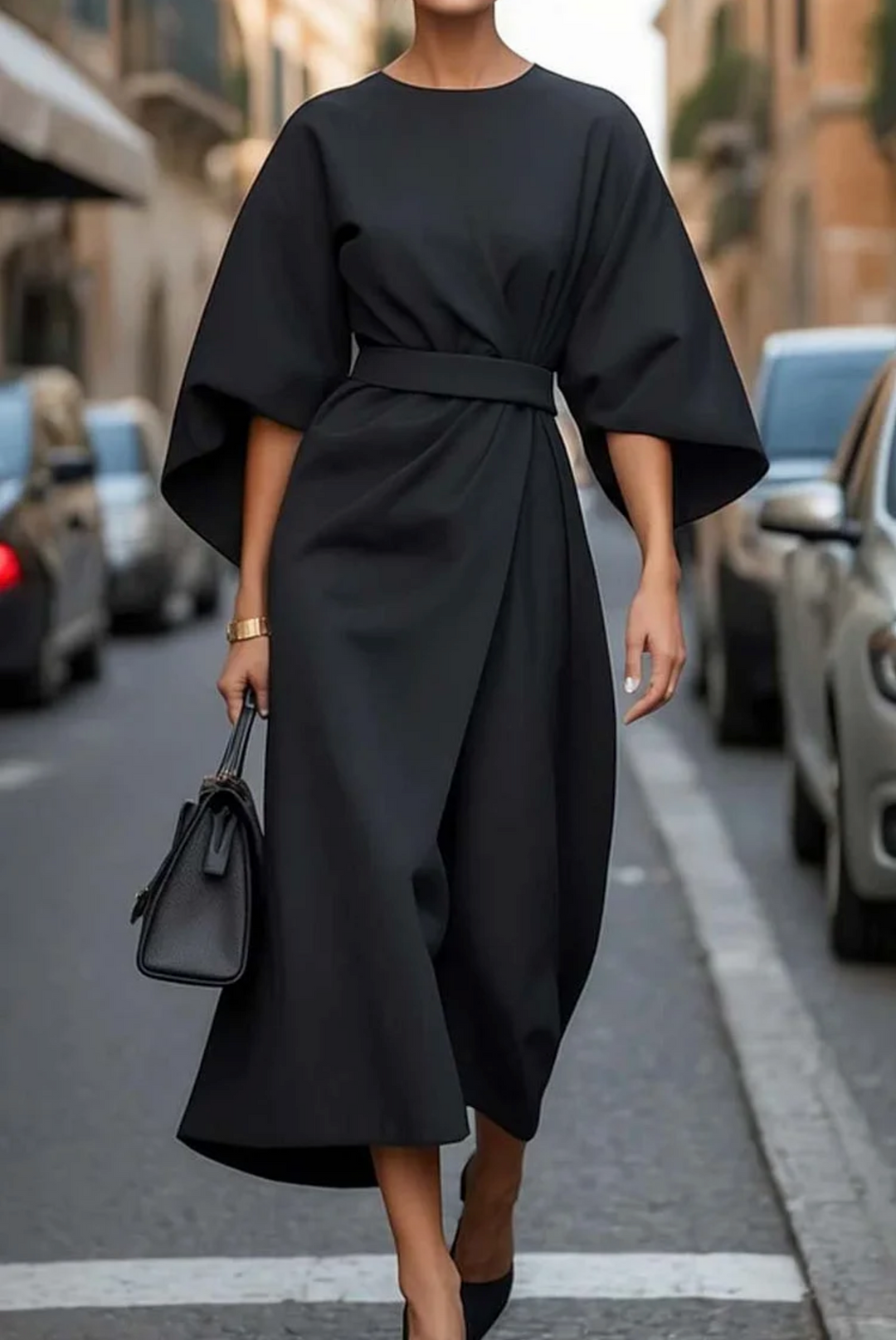 Serena | Women’s Midi Dress in a Belted Cape Sleeve Profile