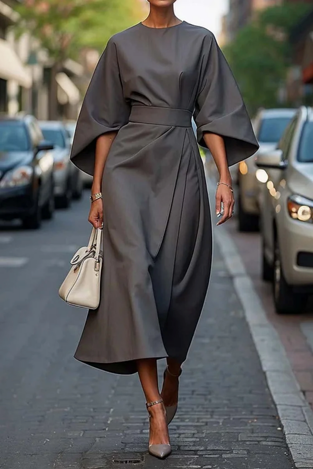 Serena | Women’s Midi Dress in a Belted Cape Sleeve Profile