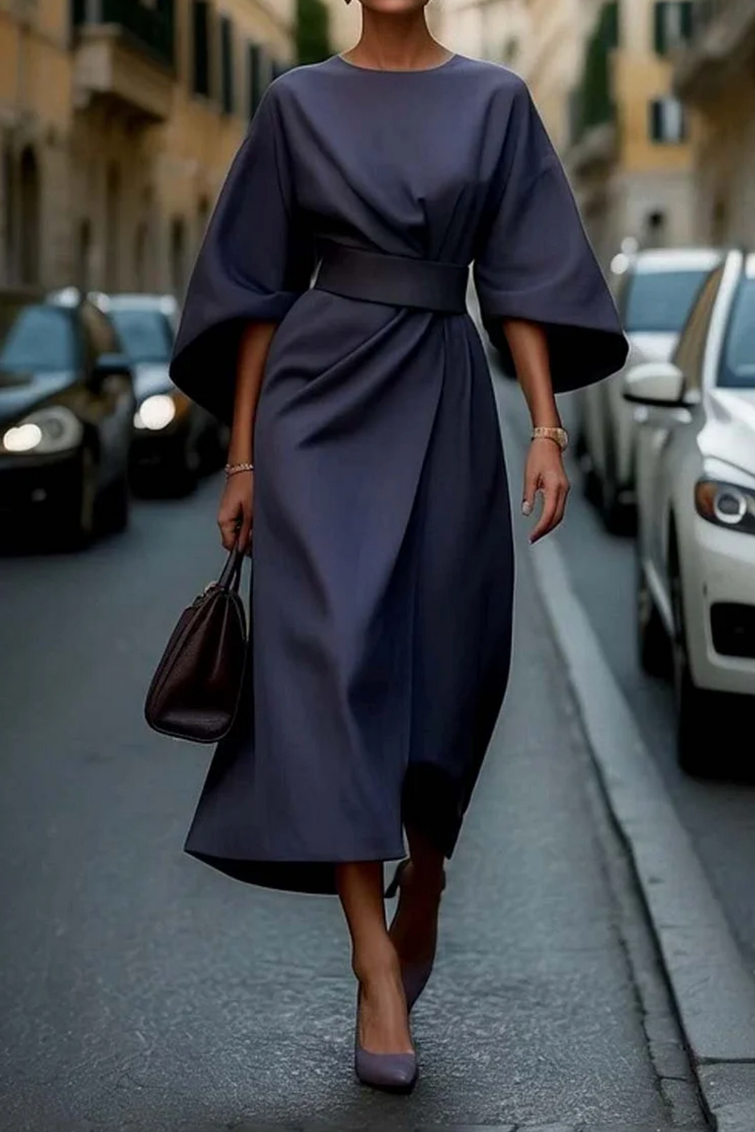 Serena | Women’s Midi Dress in a Belted Cape Sleeve Profile