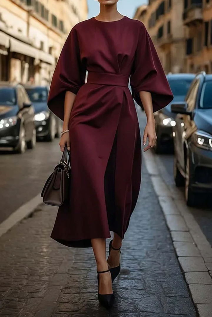 Serena | Women’s Midi Dress in a Belted Cape Sleeve Profile