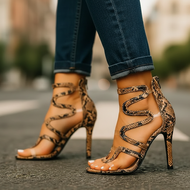 Zarellia | Women’s Strappy Heels featuring Snake Print