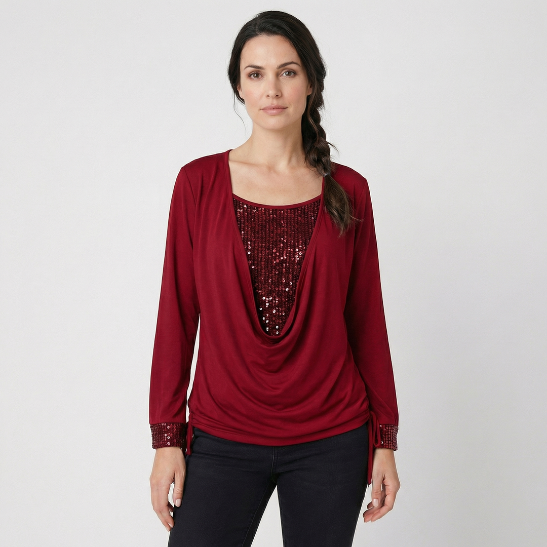 Zirelle | Women’s Draped Neck Top featuring Embellished Panels