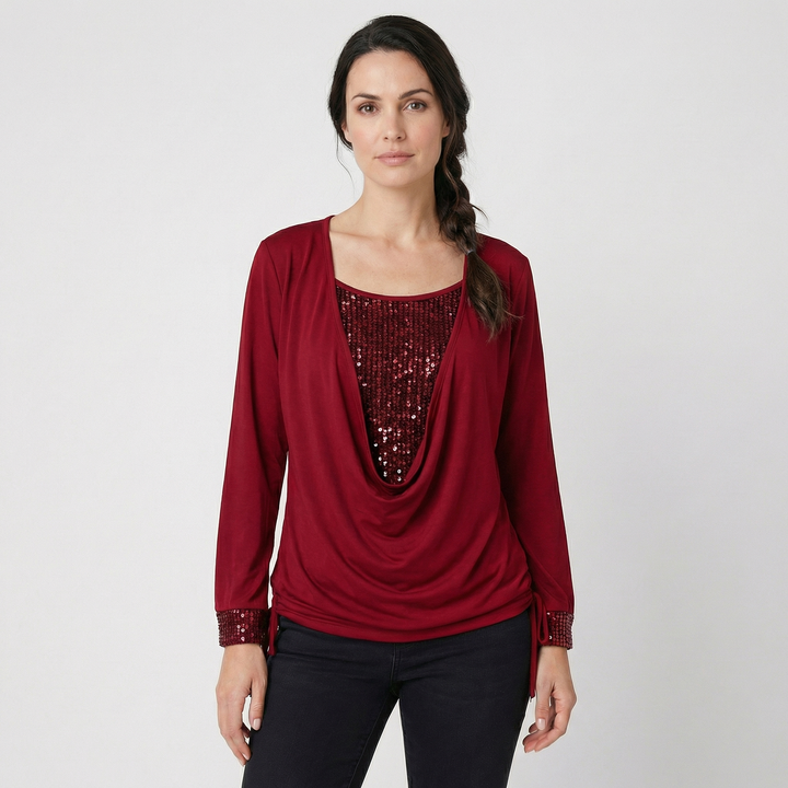 Zirelle | Women’s Draped Neck Top featuring Embellished Panels