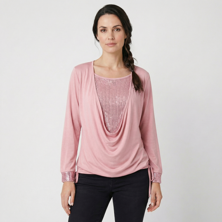 Zirelle | Women’s Draped Neck Top featuring Embellished Panels
