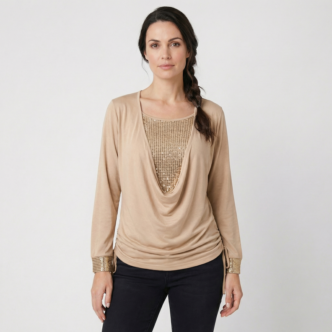 Zirelle | Women’s Draped Neck Top featuring Embellished Panels