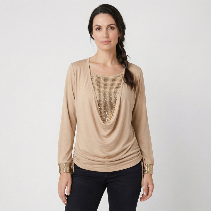 Zirelle | Women’s Draped Neck Top featuring Embellished Panels