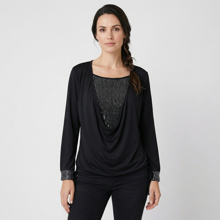Zirelle | Women’s Draped Neck Top featuring Embellished Panels