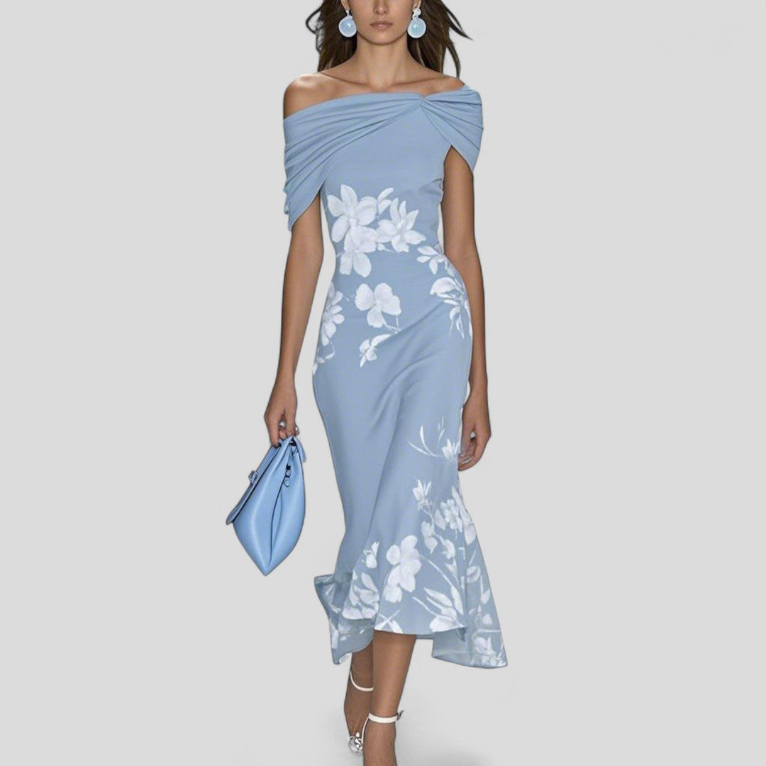 Amelia | Women’s Floral Midi Dress with an Off-Shoulder Neckline