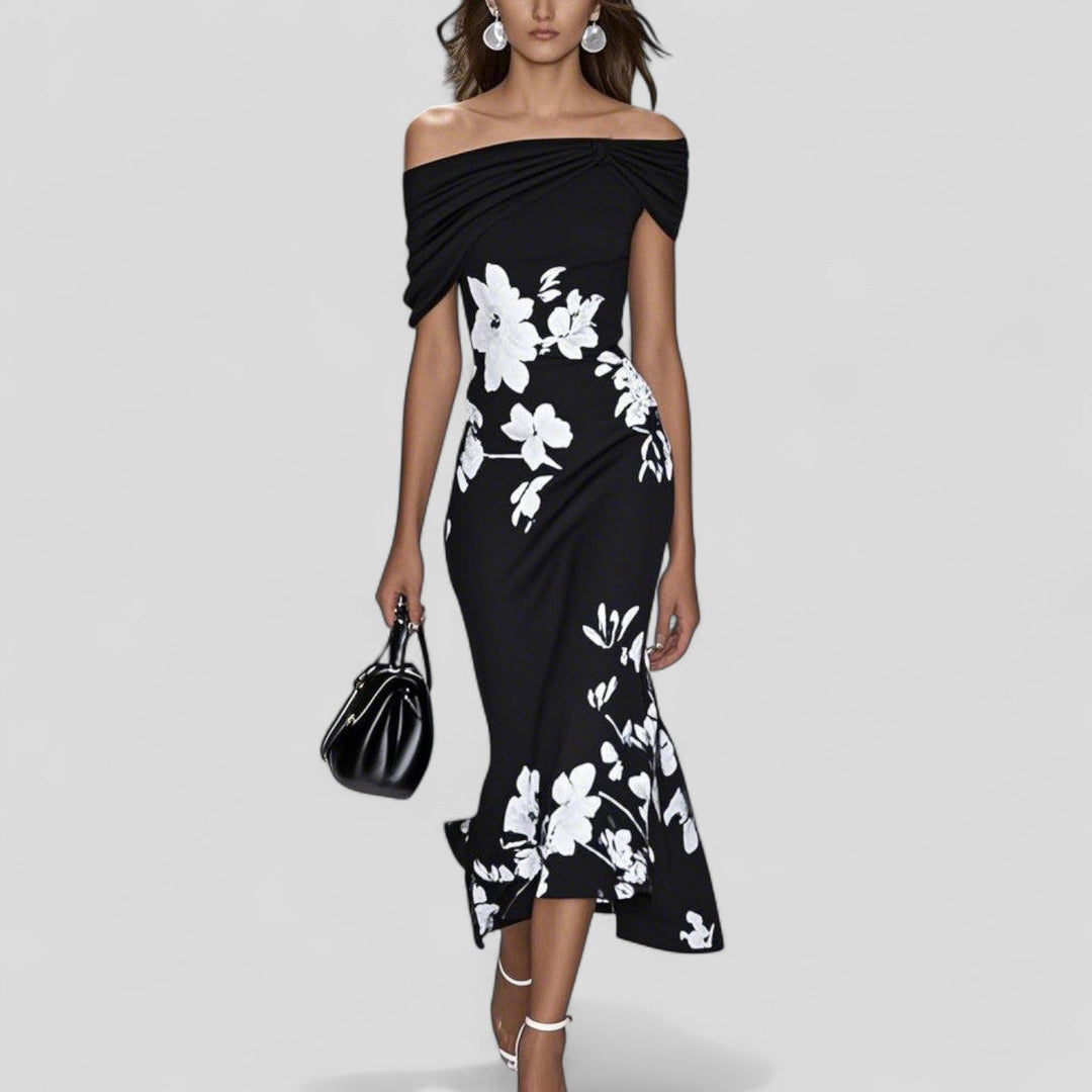 Amelia | Women’s Floral Midi Dress with an Off-Shoulder Neckline