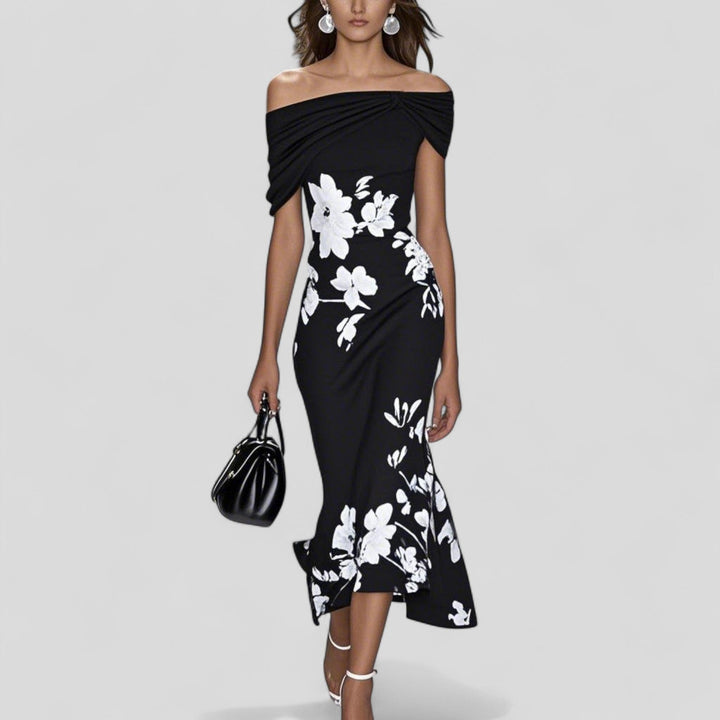 Amelia | Women’s Floral Midi Dress with an Off-Shoulder Neckline